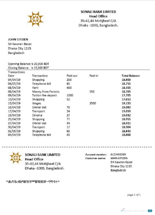 Download Bangladesh Sonali bank statement word
